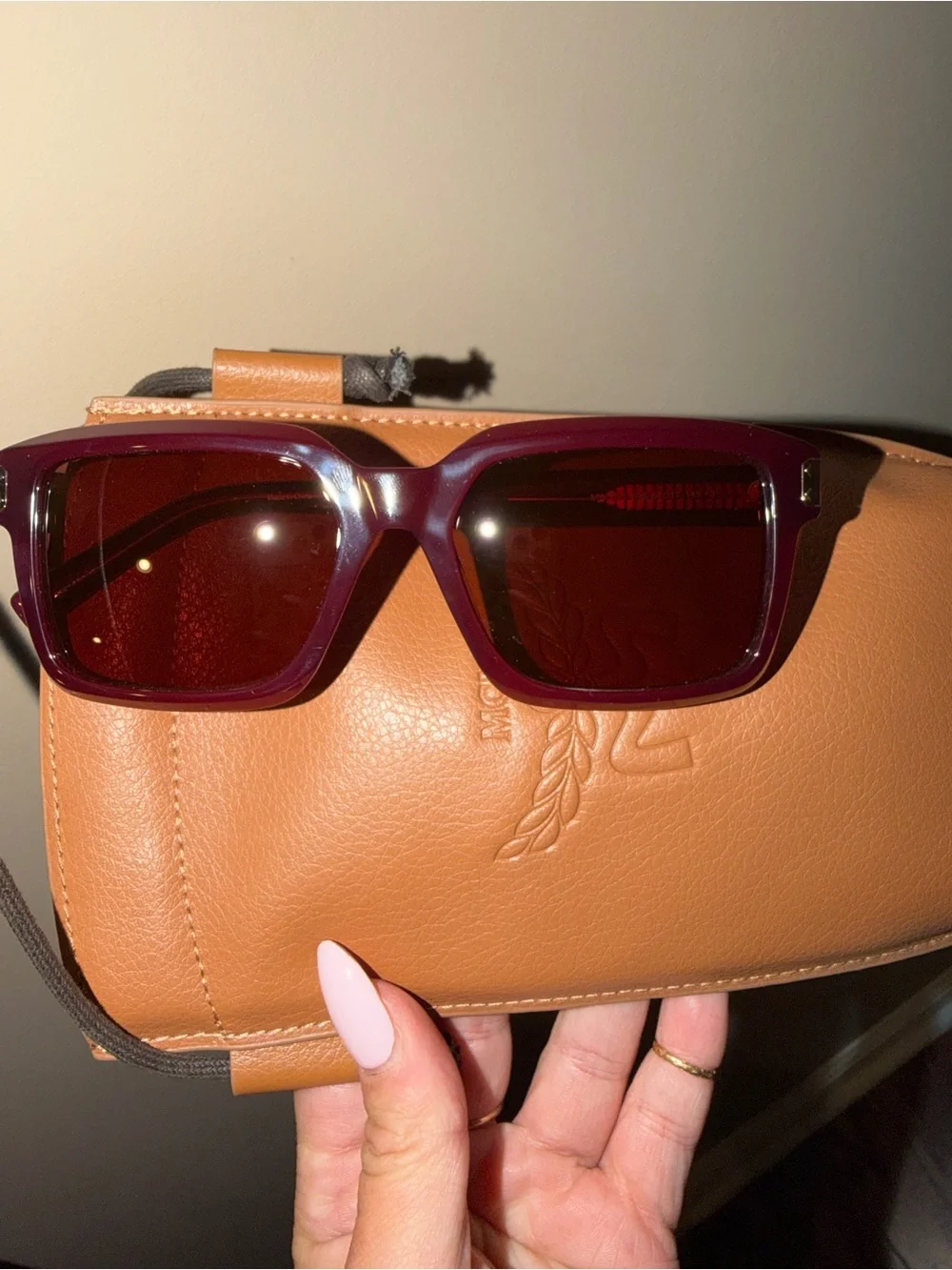 MCM Tan Leather Crossbody Pouch with Burgundy Sunglasses